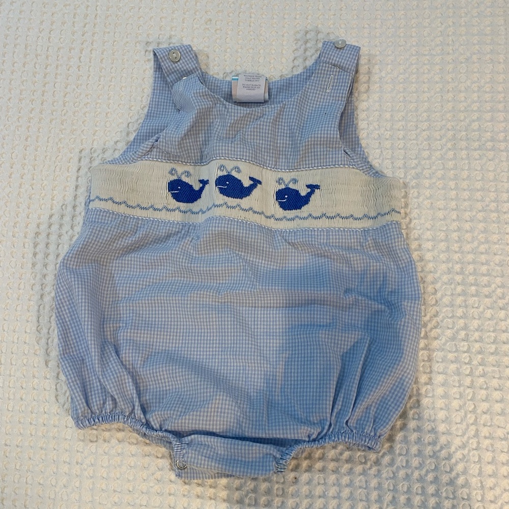 Smocked whale bubble. Light blue gingham.